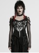 Black Sexy Cool Off Shoulder V Neck Elastic Knitted Mesh Bat Skull Cross Print Punk Style Printed T Shirt
