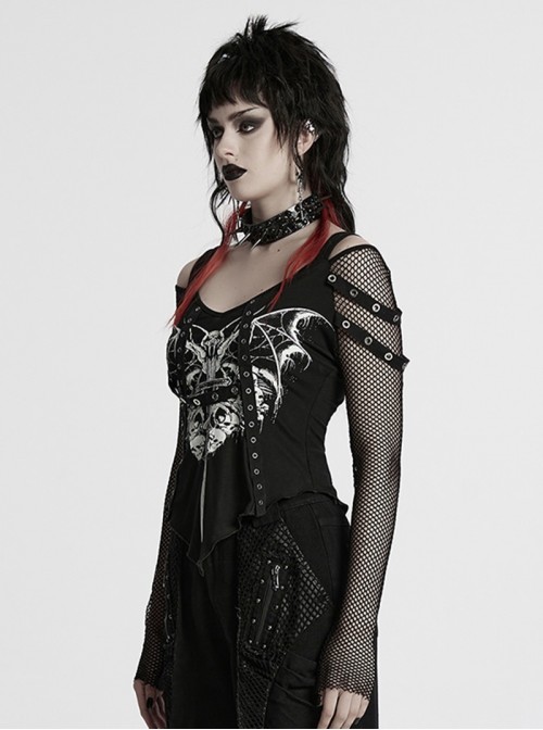 Black Sexy Cool Off Shoulder V Neck Elastic Knitted Mesh Bat Skull Cross Print Punk Style Printed T Shirt