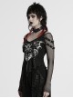 Black Sexy Cool Off Shoulder V Neck Elastic Knitted Mesh Bat Skull Cross Print Punk Style Printed T Shirt