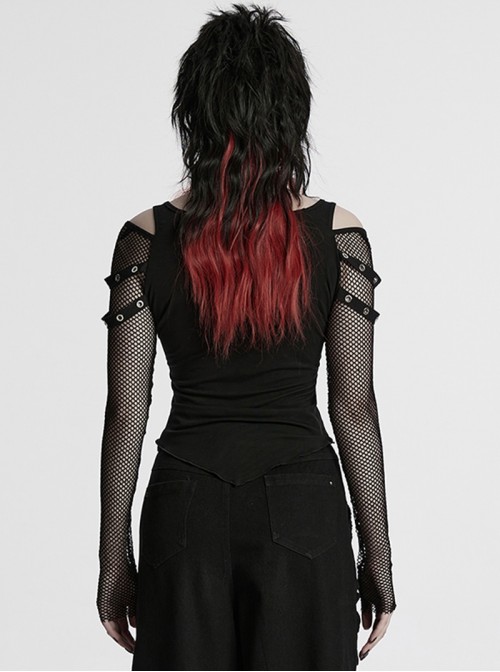 Black Sexy Cool Off Shoulder V Neck Elastic Knitted Mesh Bat Skull Cross Print Punk Style Printed T Shirt