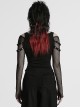 Black Sexy Cool Off Shoulder V Neck Elastic Knitted Mesh Bat Skull Cross Print Punk Style Printed T Shirt