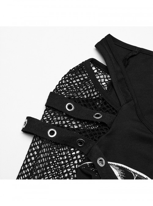 Black Sexy Cool Off Shoulder V Neck Elastic Knitted Mesh Bat Skull Cross Print Punk Style Printed T Shirt
