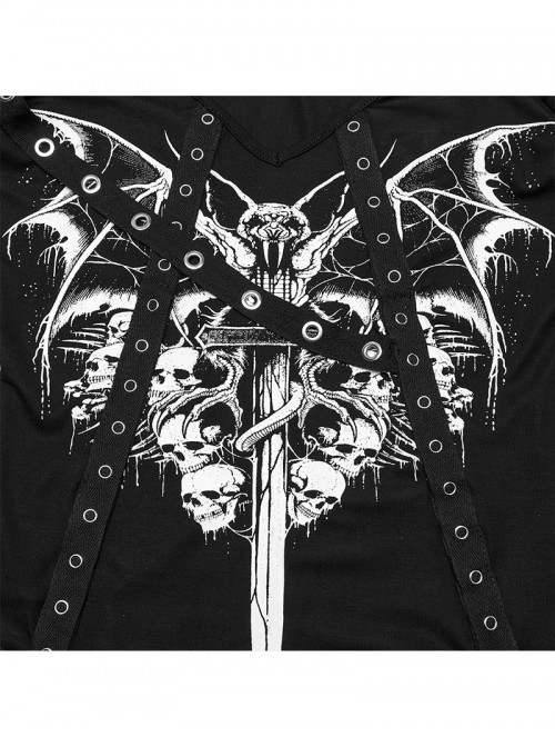 Black Sexy Cool Off Shoulder V Neck Elastic Knitted Mesh Bat Skull Cross Print Punk Style Printed T Shirt