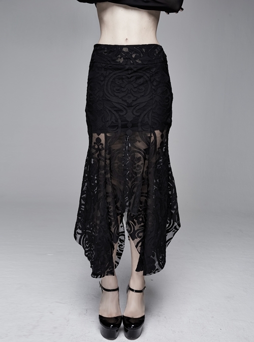 Court Flocking Printed Lace Irregular Hem Black Gothic Package Hip Fishtail Skirt