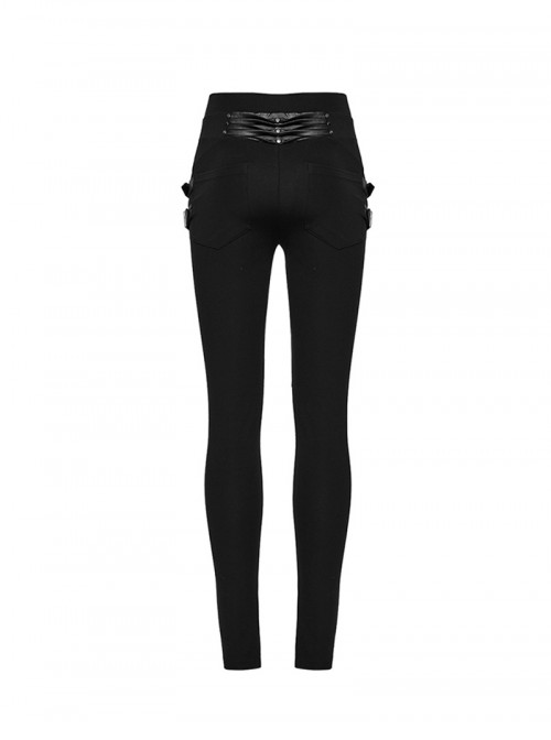 Black Comfortable Elastic Knitted Punk Style Adjustable Versatile 3D Pleated Leggings