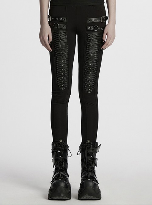 Black Comfortable Elastic Knitted Punk Style Adjustable Versatile 3D Pleated Leggings