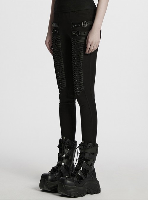 Black Comfortable Elastic Knitted Punk Style Adjustable Versatile 3D Pleated Leggings