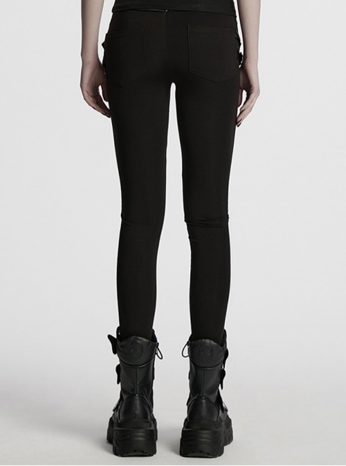 Black Comfortable Elastic Knitted Punk Style Adjustable Versatile 3D Pleated Leggings