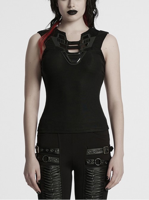 Versatile Basic Daily Cool Black Soft Elastic Knit Cyberpunk Style Sleeveless Vest