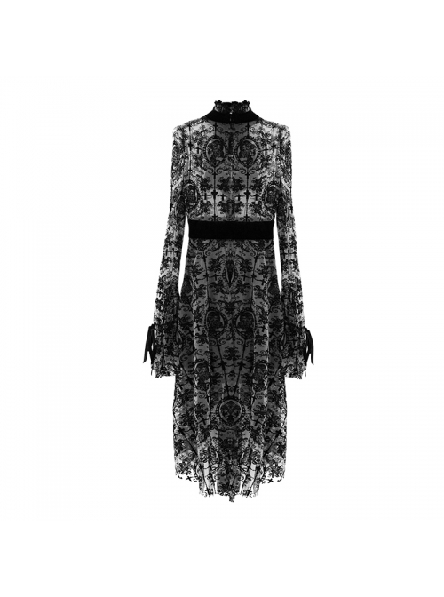 Flocking Print Splice Velvet Ribbon Drawstring Cuff Black Gothic Long Sleeves Dress