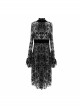 Flocking Print Splice Velvet Ribbon Drawstring Cuff Black Gothic Long Sleeves Dress