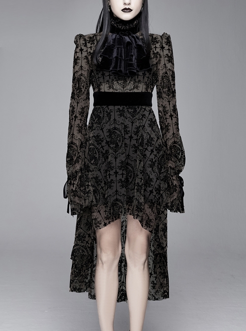 Flocking Print Splice Velvet Ribbon Drawstring Cuff Black Gothic Long Sleeves Dress