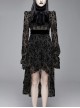 Flocking Print Splice Velvet Ribbon Drawstring Cuff Black Gothic Long Sleeves Dress