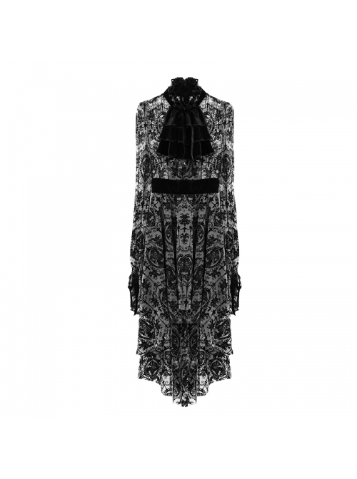 Flocking Print Splice Velvet Ribbon Drawstring Cuff Black Gothic Long Sleeves Dress