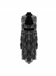 Flocking Print Splice Velvet Ribbon Drawstring Cuff Black Gothic Long Sleeves Dress