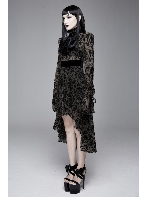 Flocking Print Splice Velvet Ribbon Drawstring Cuff Black Gothic Long Sleeves Dress
