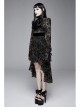 Flocking Print Splice Velvet Ribbon Drawstring Cuff Black Gothic Long Sleeves Dress