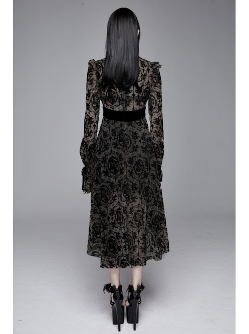 Flocking Print Splice Velvet Ribbon Drawstring Cuff Black Gothic Long Sleeves Dress