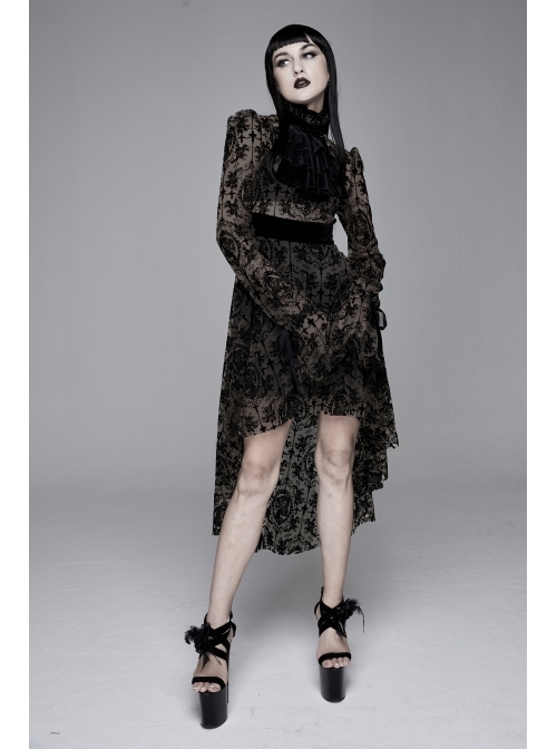 Flocking Print Splice Velvet Ribbon Drawstring Cuff Black Gothic Long Sleeves Dress