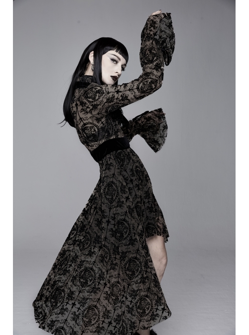 Flocking Print Splice Velvet Ribbon Drawstring Cuff Black Gothic Long Sleeves Dress