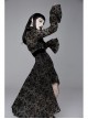 Flocking Print Splice Velvet Ribbon Drawstring Cuff Black Gothic Long Sleeves Dress