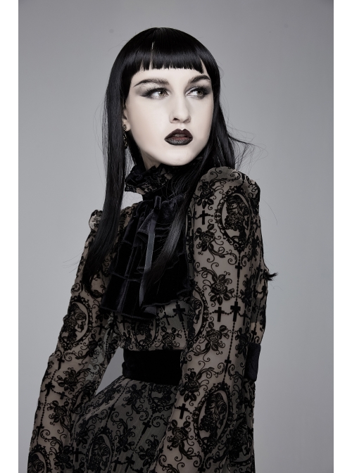 Flocking Print Splice Velvet Ribbon Drawstring Cuff Black Gothic Long Sleeves Dress