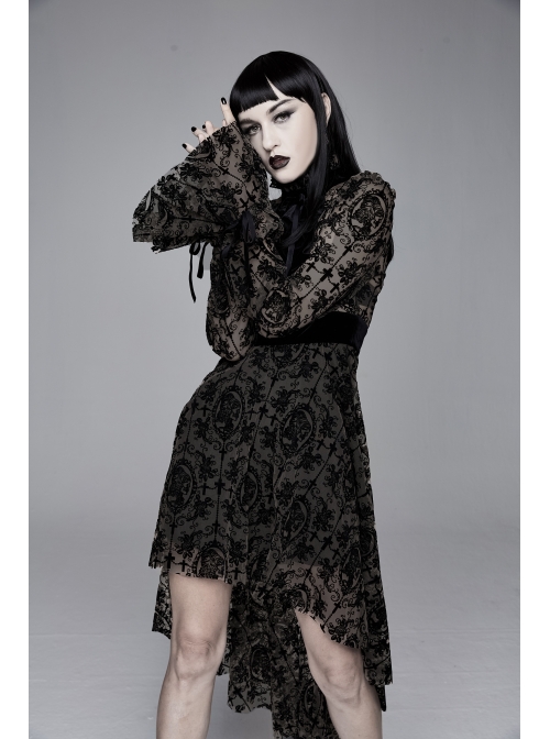 Flocking Print Splice Velvet Ribbon Drawstring Cuff Black Gothic Long Sleeves Dress