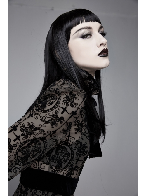 Flocking Print Splice Velvet Ribbon Drawstring Cuff Black Gothic Long Sleeves Dress