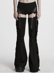 Balck Elastic Textured Knitted Punk Style Detachable Tassel Slim Fit Flared Pants