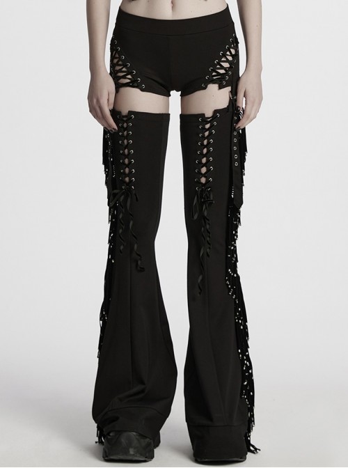 Balck Elastic Textured Knitted Punk Style Detachable Tassel Slim Fit Flared Pants