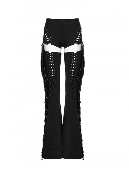 Balck Elastic Textured Knitted Punk Style Detachable Tassel Slim Fit Flared Pants