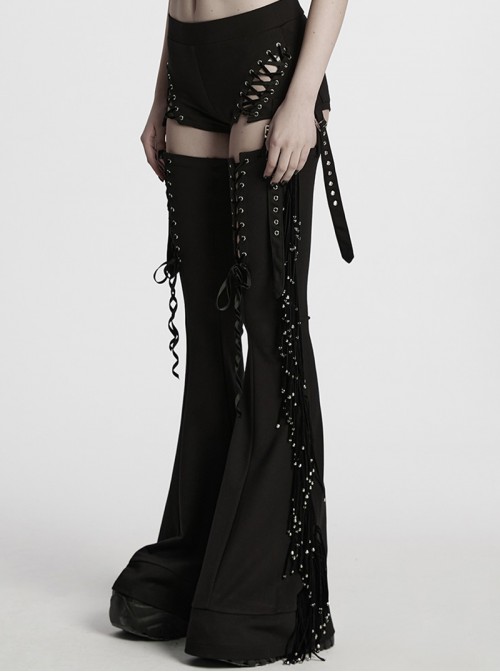 Balck Elastic Textured Knitted Punk Style Detachable Tassel Slim Fit Flared Pants