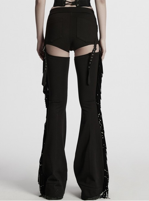Balck Elastic Textured Knitted Punk Style Detachable Tassel Slim Fit Flared Pants