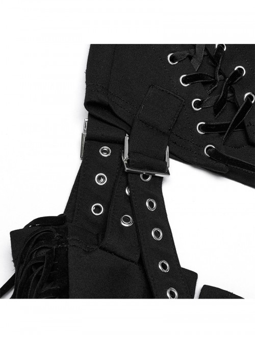 Balck Elastic Textured Knitted Punk Style Detachable Tassel Slim Fit Flared Pants