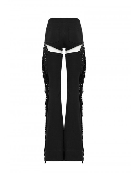 Balck Elastic Textured Knitted Punk Style Detachable Tassel Slim Fit Flared Pants