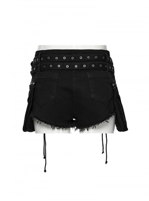 Sexy Black Personalized Drawstring Design Cool Punk Style Stretch Denim Hollow Shorts