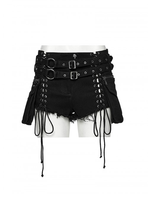 Sexy Black Personalized Drawstring Design Cool Punk Style Stretch Denim Hollow Shorts