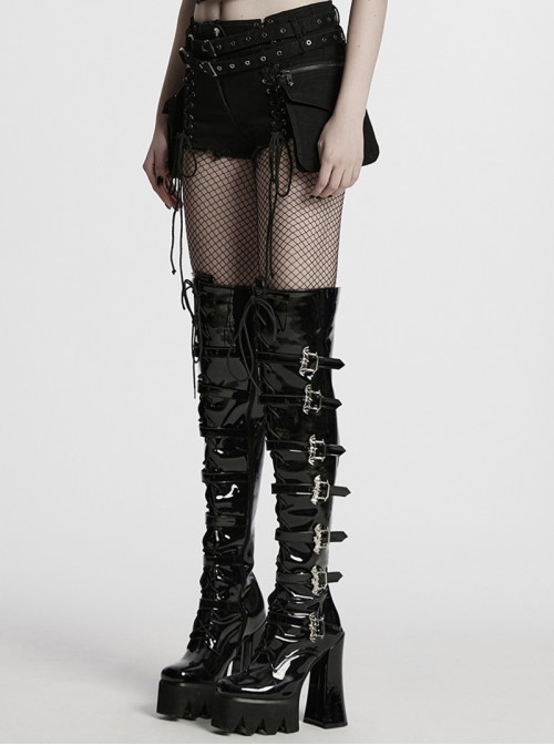 Sexy Black Personalized Drawstring Design Cool Punk Style Stretch Denim Hollow Shorts