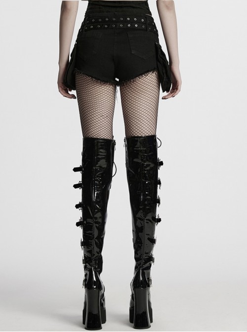 Sexy Black Personalized Drawstring Design Cool Punk Style Stretch Denim Hollow Shorts