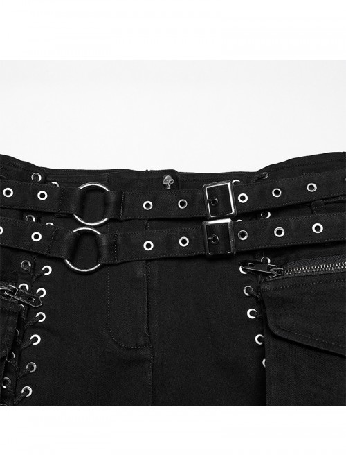 Sexy Black Personalized Drawstring Design Cool Punk Style Stretch Denim Hollow Shorts
