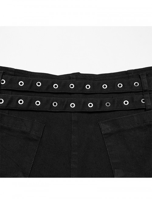 Sexy Black Personalized Drawstring Design Cool Punk Style Stretch Denim Hollow Shorts