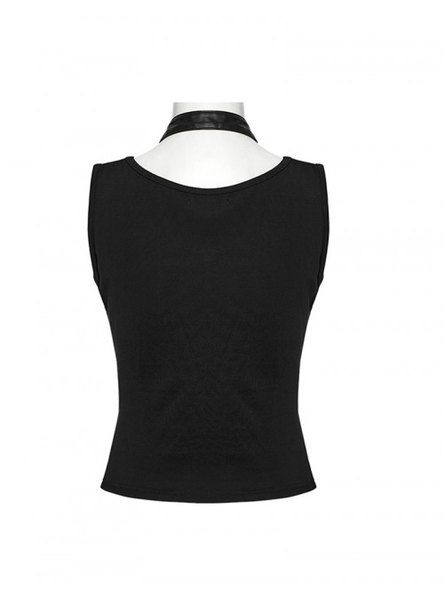 Balck Elastic Knit Punk Style Sexy Cross Faux Leather Loop V-Neck Cross Loop Vest
