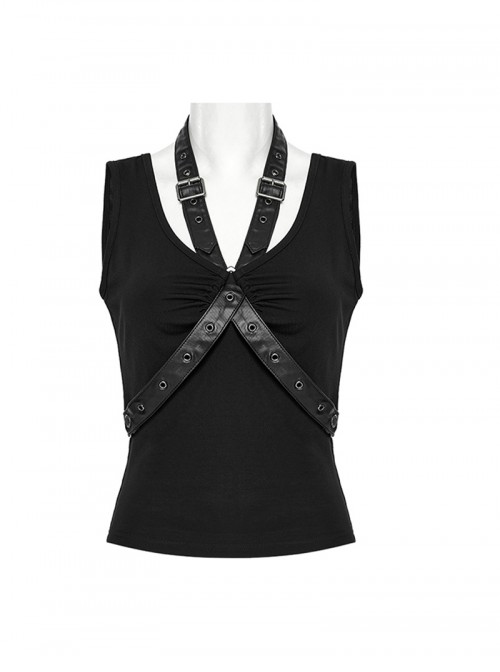 Balck Elastic Knit Punk Style Sexy Cross Faux Leather Loop V-Neck Cross Loop Vest