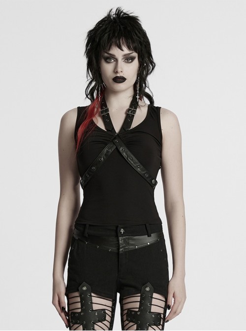 Balck Elastic Knit Punk Style Sexy Cross Faux Leather Loop V-Neck Cross Loop Vest