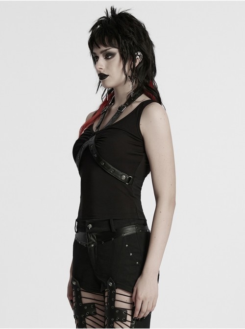 Balck Elastic Knit Punk Style Sexy Cross Faux Leather Loop V-Neck Cross Loop Vest