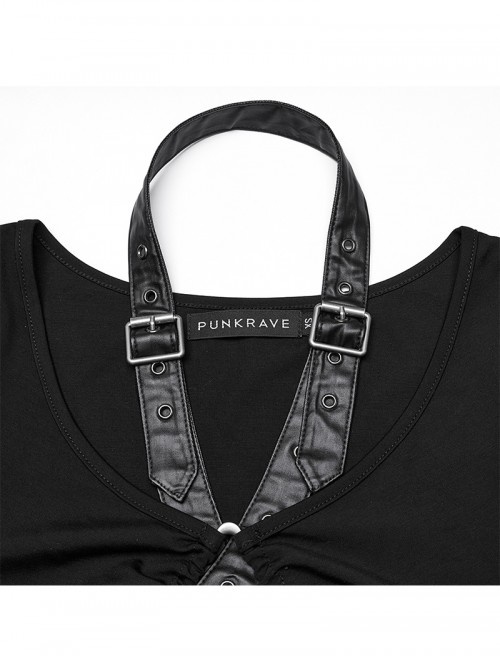 Balck Elastic Knit Punk Style Sexy Cross Faux Leather Loop V-Neck Cross Loop Vest