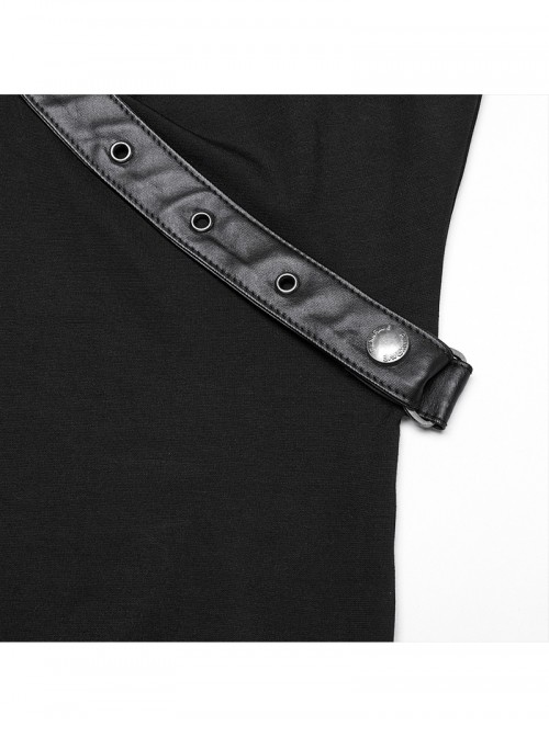 Balck Elastic Knit Punk Style Sexy Cross Faux Leather Loop V-Neck Cross Loop Vest