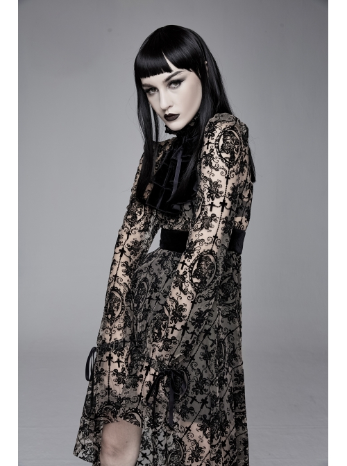 Flocking Print Splice Velvet High Waist Ribbon Drawstring Cuff Brown Gothic Long Sleeves Dress
