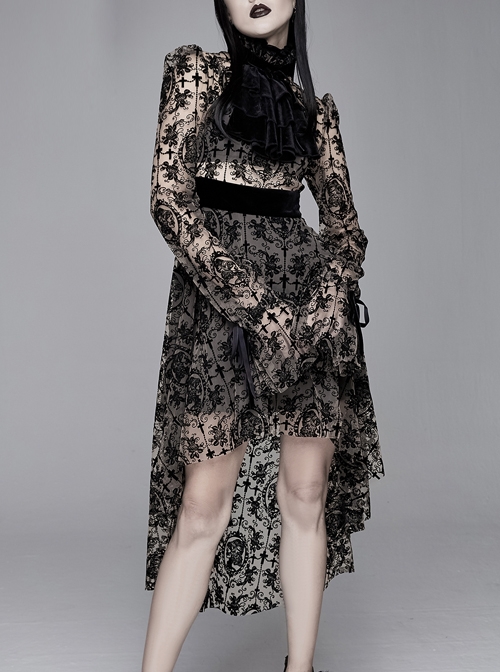 Flocking Print Splice Velvet High Waist Ribbon Drawstring Cuff Brown Gothic Long Sleeves Dress