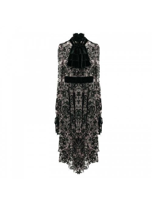 Flocking Print Splice Velvet High Waist Ribbon Drawstring Cuff Brown Gothic Long Sleeves Dress